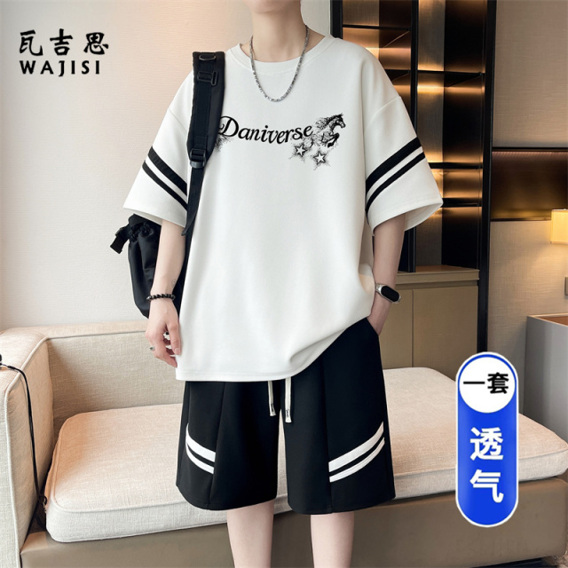 13691282.夏季青少年运动套装男冰丝短袖t恤搭配短裤一整套衣服学生篮球服
