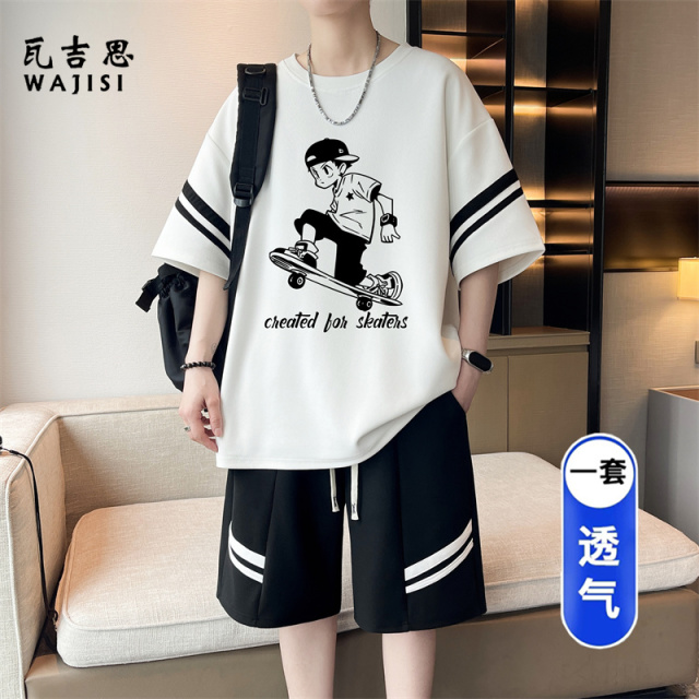 13691292.青少年冰感短袖t恤男高中初中生运动套装学生大童男装宽松篮球服