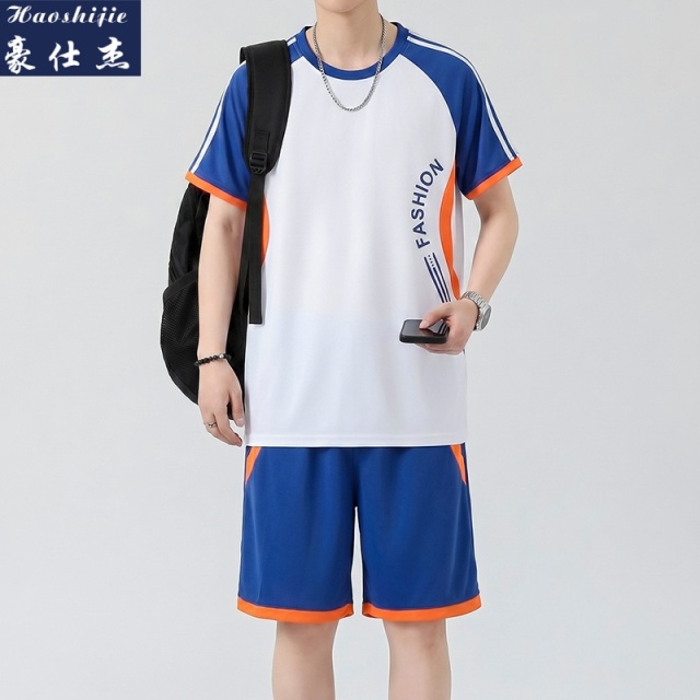 13691685.《休闲舒适》夏季新款短袖篮球服套装男拼接休闲速干凉感运动服