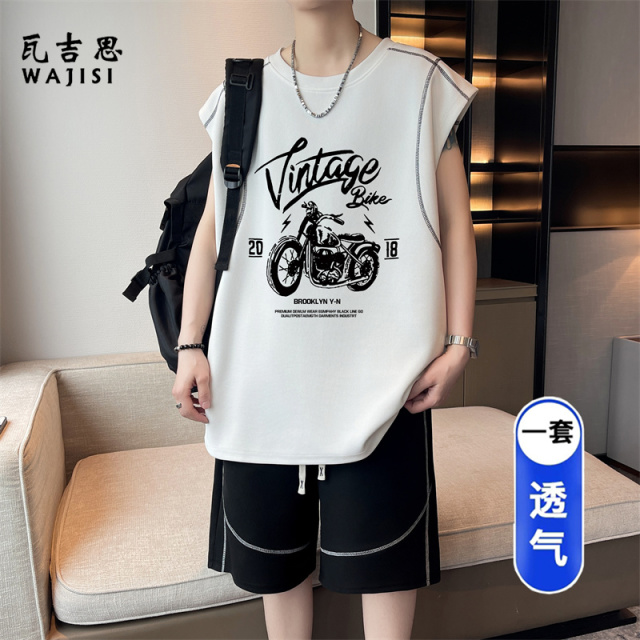 13691246.夏季冰丝无袖套装男生背心T恤短裤两件套青少年学生休闲运动套装