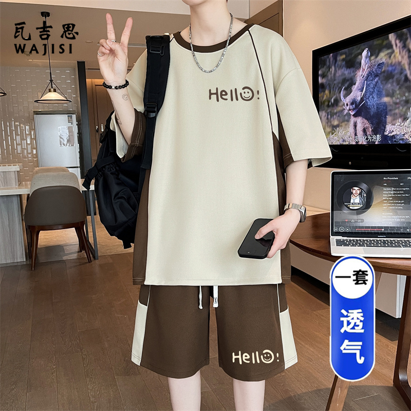 13691310.青少年初中生T恤套装两件套男短袖短款男士夏季潮流休闲宽松帅气