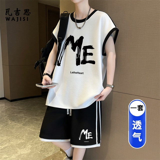 13691288.无袖休闲运动套装男装夏季青少年学生帅气宽松短裤T恤背心两件套