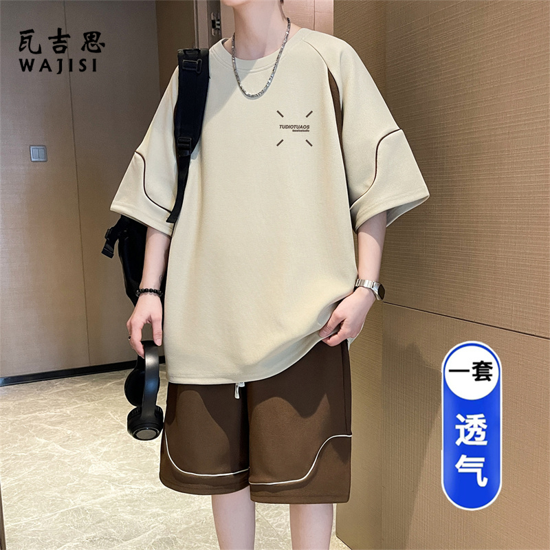 13691360.夏季新款冰丝短袖t恤男孩宽松青少年初中学生大童休闲运动套装潮