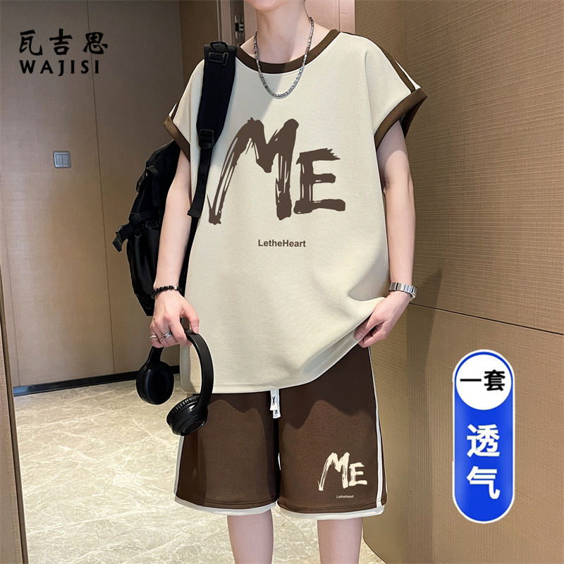13691288.无袖休闲运动套装男装夏季青少年学生帅气宽松短裤T恤背心两件套