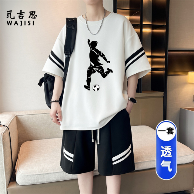 13691294.夏季青少年休闲短袖t恤胖男孩初中高中学生半袖大童运动套装洋气