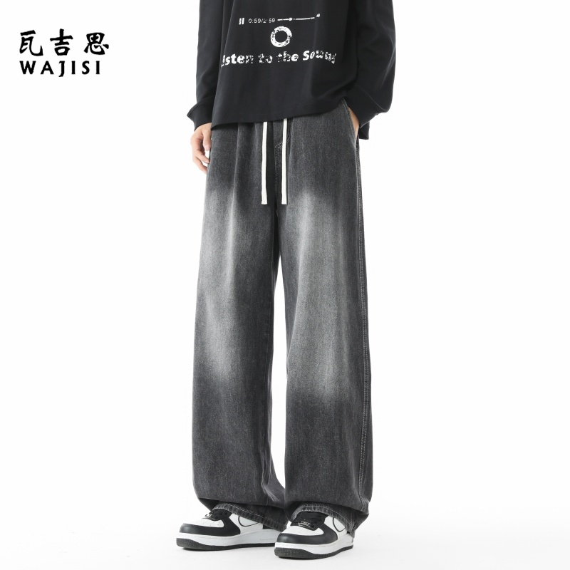 13691318.美式高街春夏薄款牛仔裤男宽松阔腿松紧腰休闲长裤垂感直筒裤
