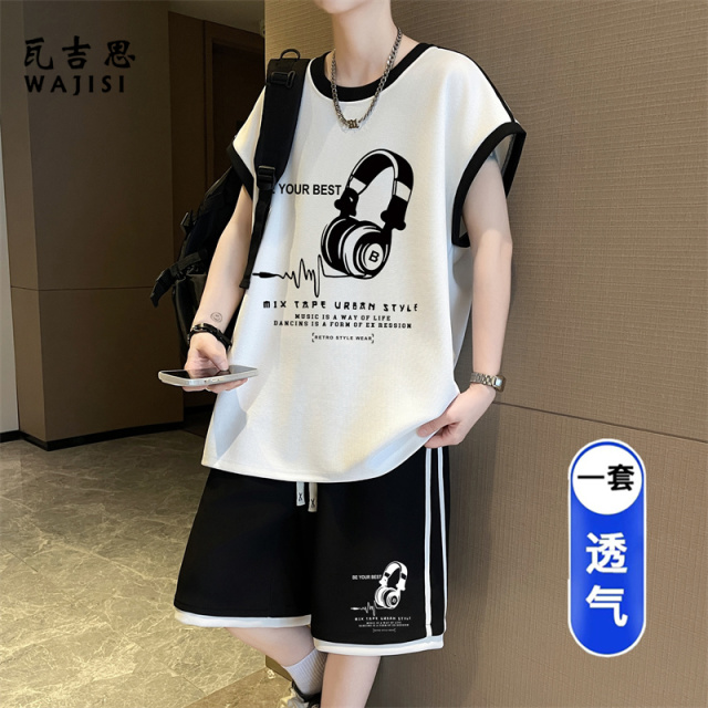 13691290.青少年休闲运动套装男初中学生冰丝速干背心t恤大童夏装无袖短裤