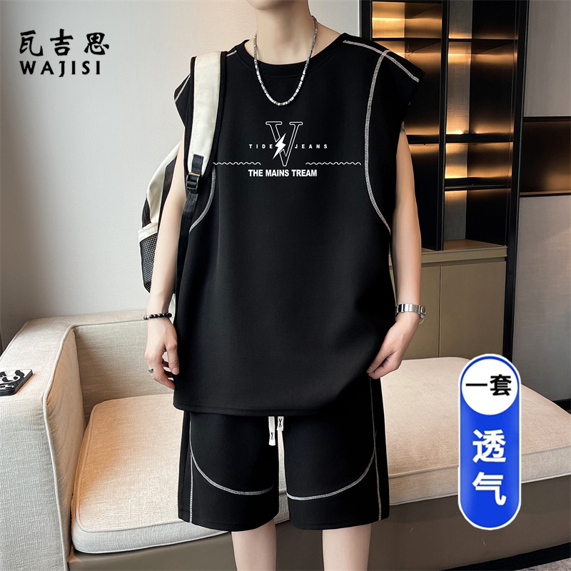 13691263.初高中学生大童休闲运动套装夏季青少年无袖t恤男孩冰丝背心短裤