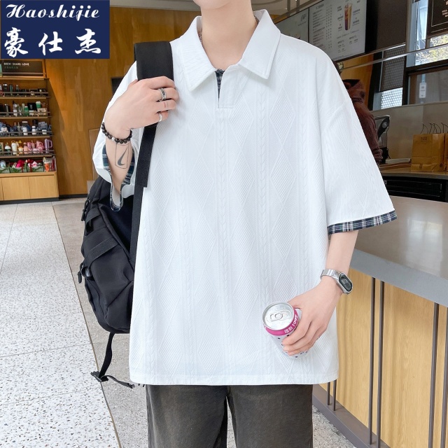13691682.《百搭潮流》夏季新款拼接翻领短袖男青年半袖T恤