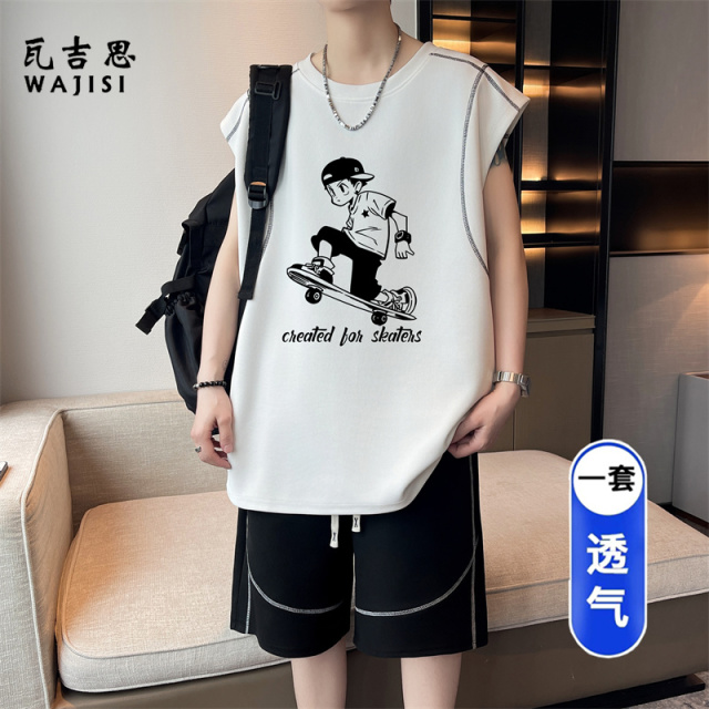 13691275.夏季冰丝凉感无袖t恤男士青少年背心短裤夏装初高中运动学生套装