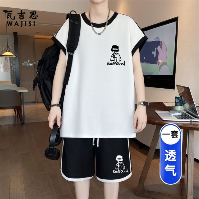 13691326.高初中学生男孩大童无袖汗背心夏季薄款透气运动套装青少年两件套