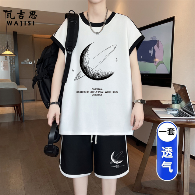 13691251.青少年无袖睡衣男款夏季冰丝背心短裤学生初中高中套装宽松家居服