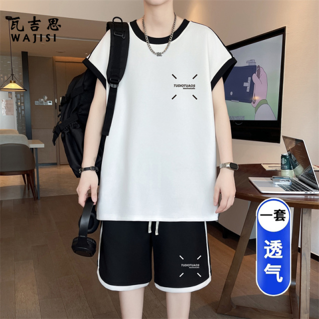 13691269.青少年短袖t恤运动套装男高中初中学生冰丝大童帅气夏装一套衣服