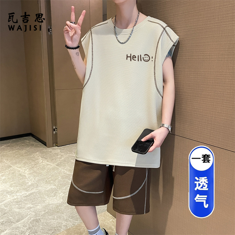 13691352.夏季薄款青少年男士无袖背心短裤套装潮流帅气休闲运动两件套男装