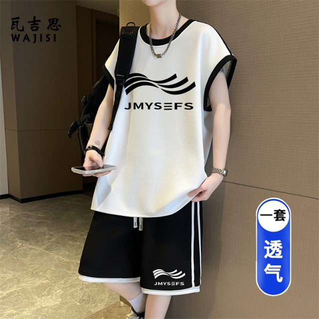 13691276.青少年无袖t恤男孩初高中学生凉感透气背心短裤大童夏装运动套装