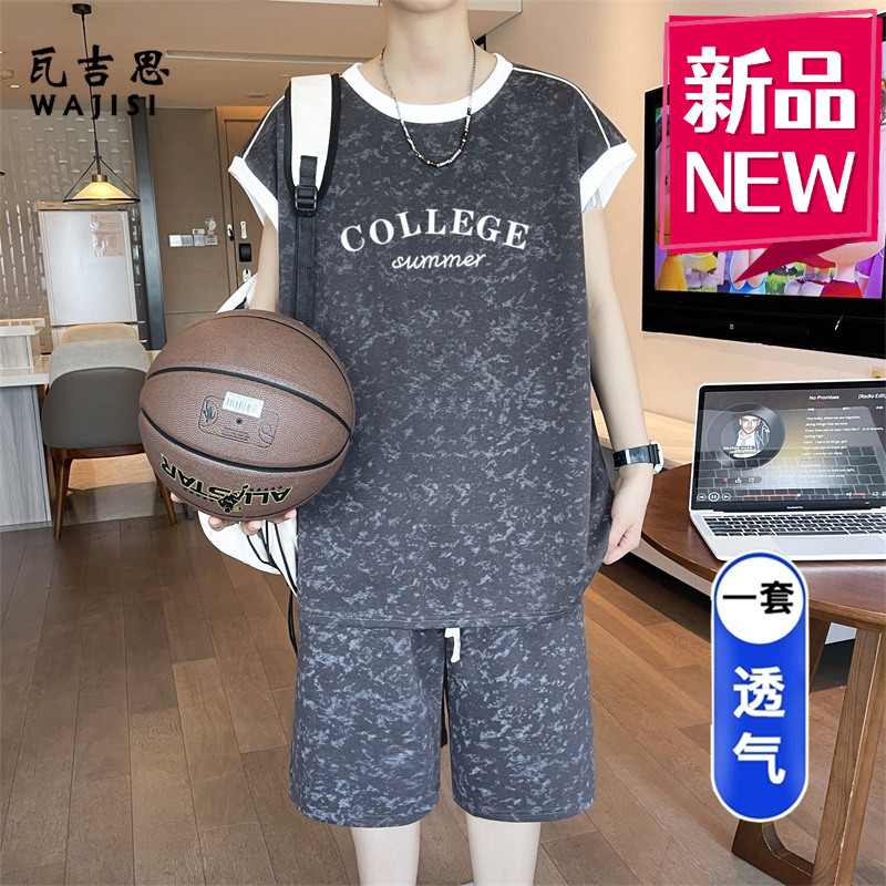 13691379.青少年夏季无袖t恤男孩高中初中学生背心短裤大童篮球服运动套装