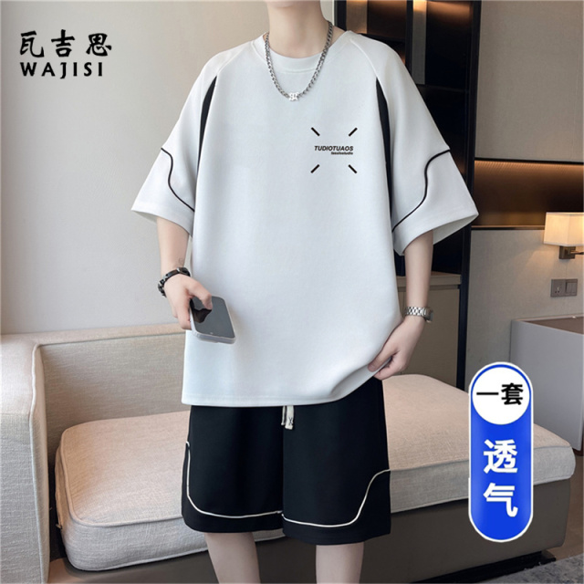 13691360.夏季新款冰丝短袖t恤男孩宽松青少年初中学生大童休闲运动套装潮