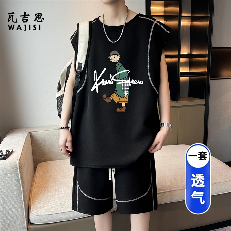 13691335.无袖背心短裤套装夏季薄款男透气青少年学生篮球服运动休闲两件套