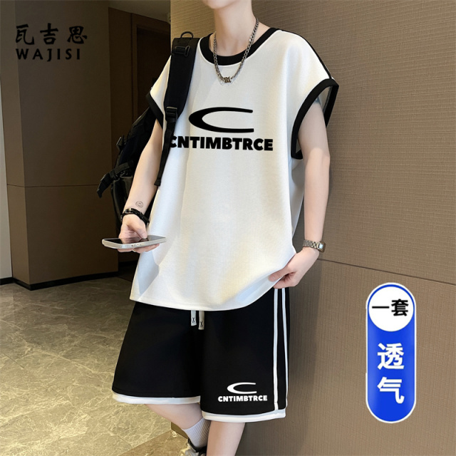 13691300.夏季薄款冰丝背心男孩初中生潮流无袖t恤大童青少年休闲运动套装