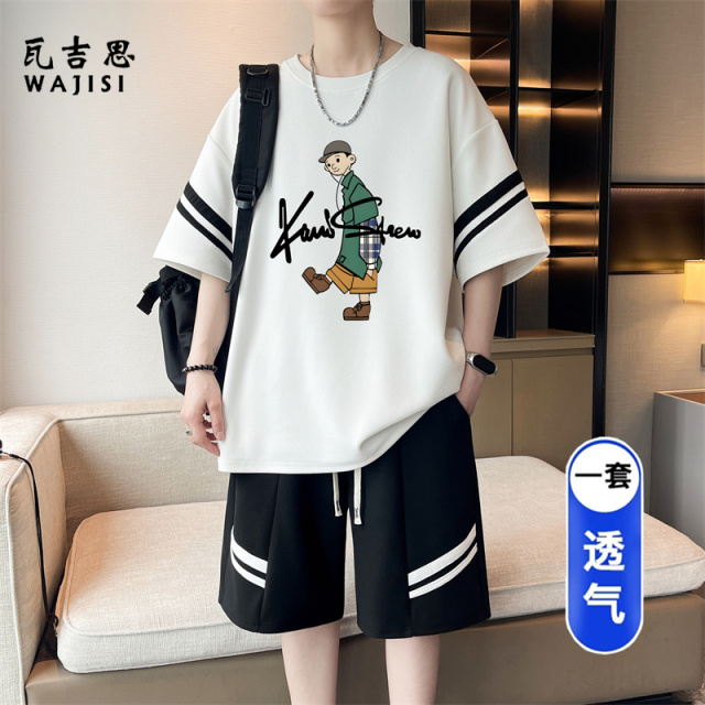 13691351.夏季凉感美式宽松潮流休闲套装薄款短袖短裤男生新款两件套透气