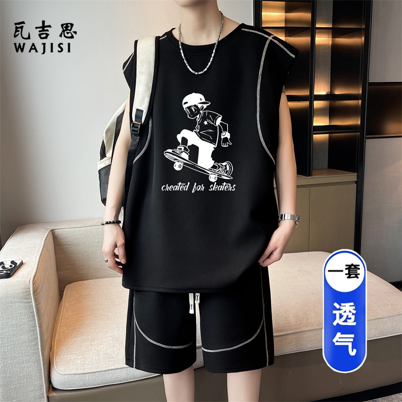 13691275.夏季冰丝凉感无袖t恤男士青少年背心短裤夏装初高中运动学生套装