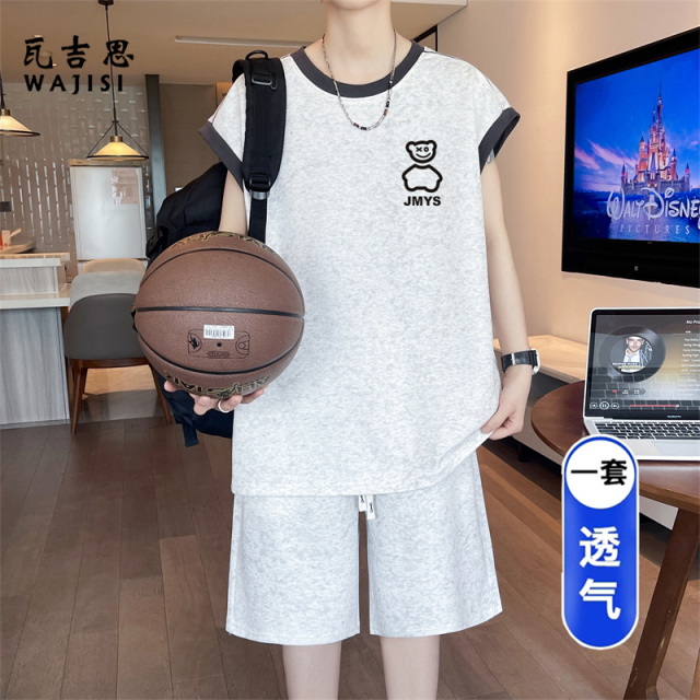 13691313.坎肩背心短裤男生酷帅一整套夏季初中学生青少年无袖t恤运动套装