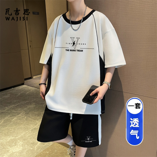 13691357.夏季新款短袖t恤男青少年运动潮牌套装冰丝半袖初高中生大童体恤T