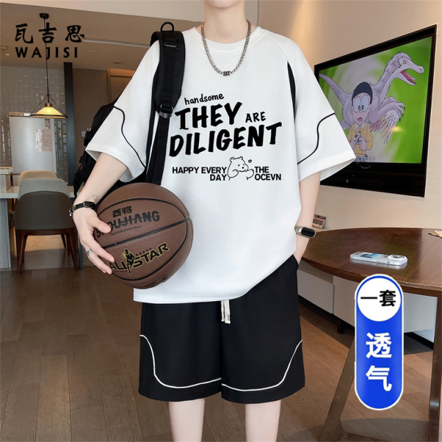 13691258.夏季美式宽松潮流休闲套装薄款短袖短裤男生新款两件套透气凉感