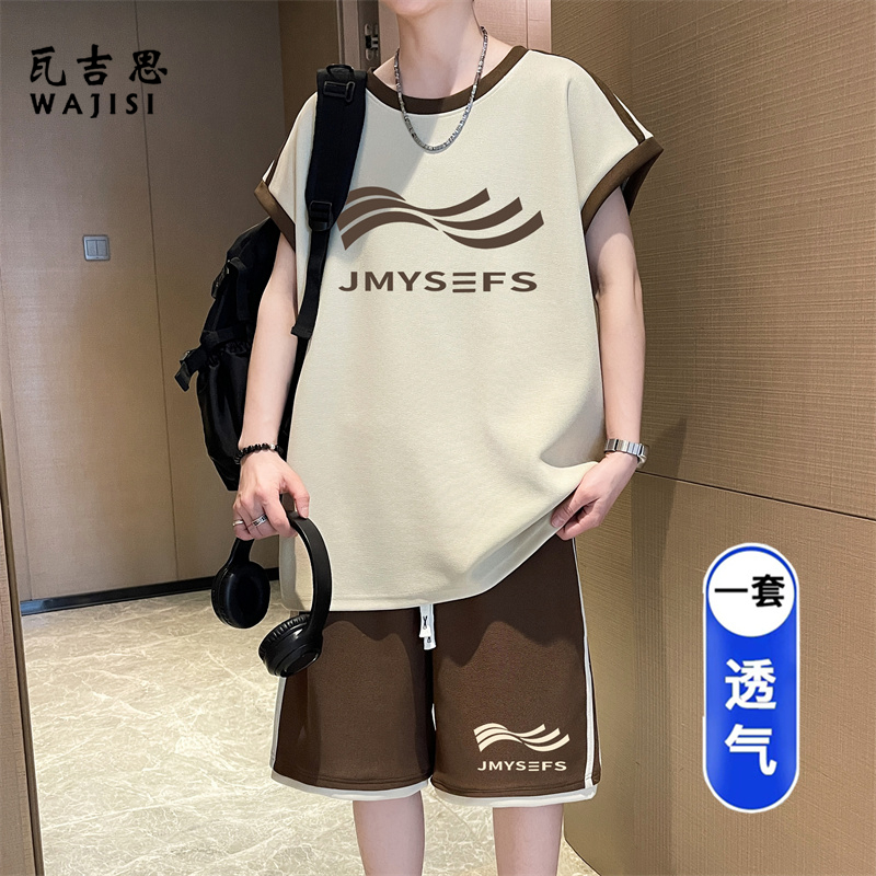 13691276.青少年无袖t恤男孩初高中学生凉感透气背心短裤大童夏装运动套装