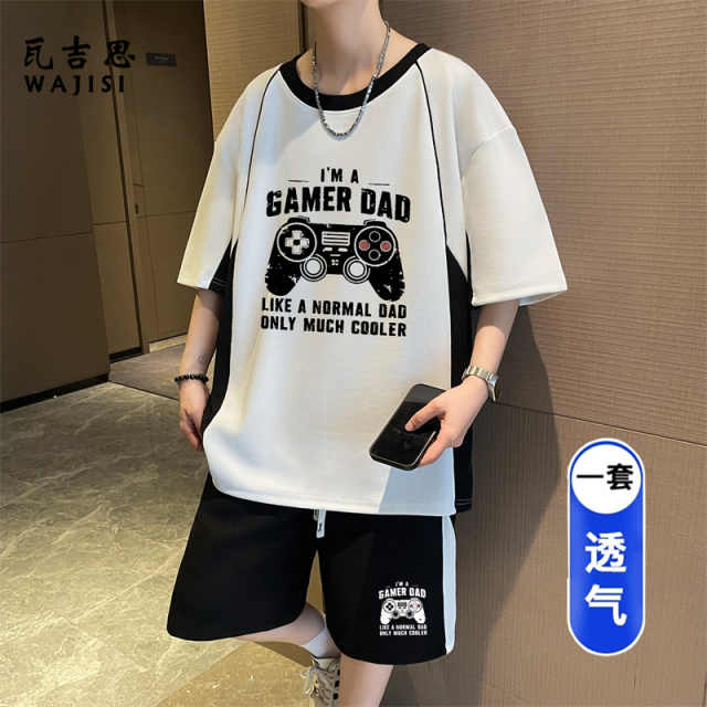 13691319.夏季新款休闲运动套装男冰丝速干短袖t恤短裤透气套装学生青少年