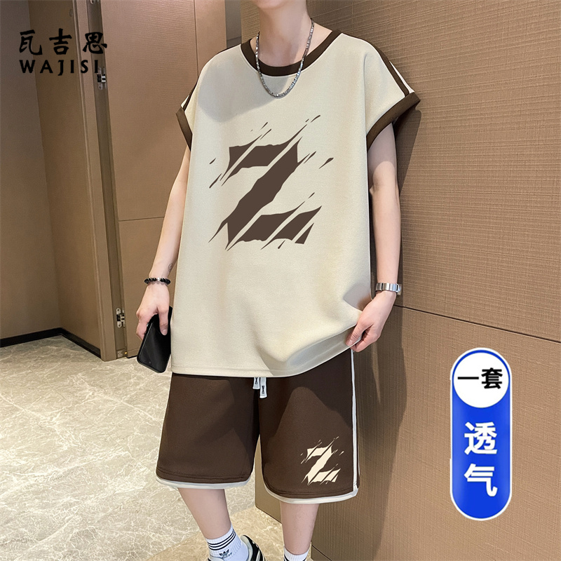 13691295.夏季新款无袖t恤男孩初中学生青少年冰丝背心休闲大童运动套装潮
