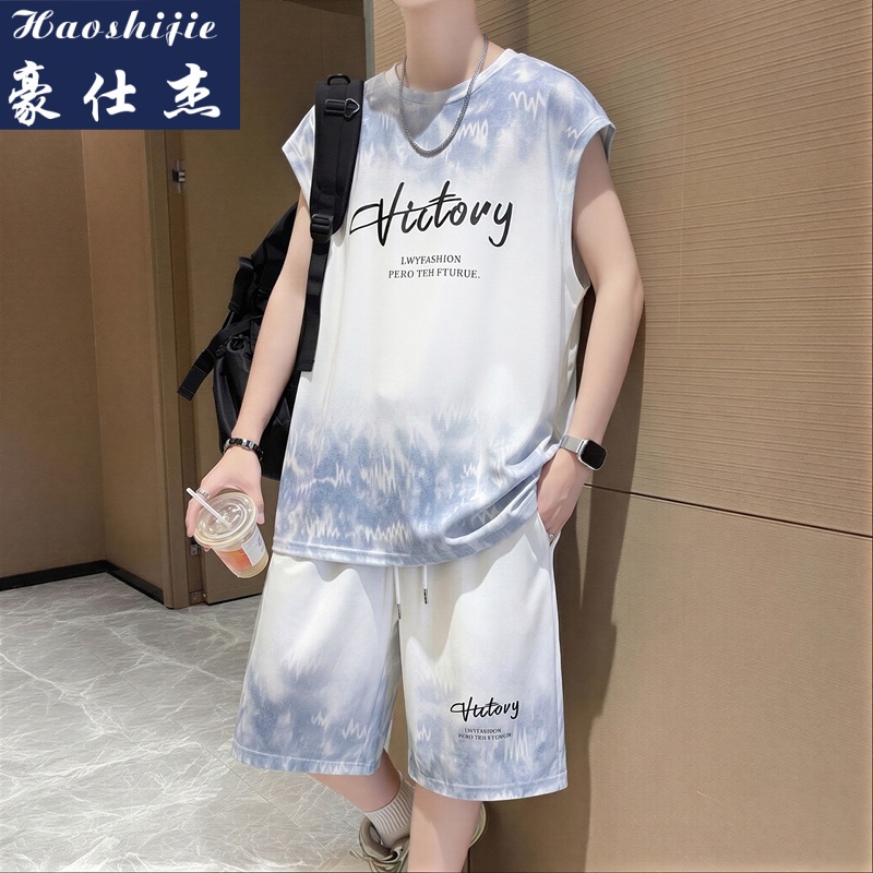13691684.《帅气潮流》夏季薄款男冰丝格背心短裤运动套装无袖两件套