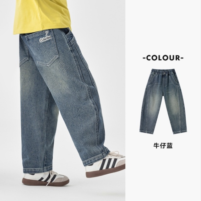 13693979.男童牛仔裤春秋款潮流复古水洗刺绣长裤儿童宽松舒适百搭阔腿裤