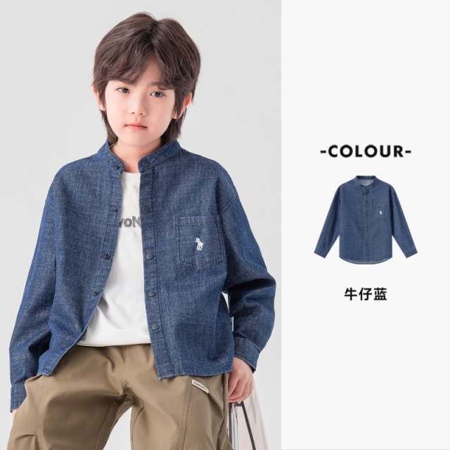 13693973.男童牛仔衬衫春秋款立领刺绣休闲衬衣儿童挺括有型日常百搭长袖衫