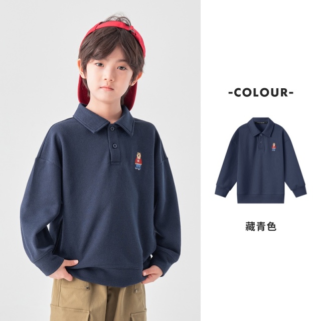 13693983.男童POLO衫春秋款小熊刺绣翻领长袖上衣儿童透气吸汗校园日常T恤