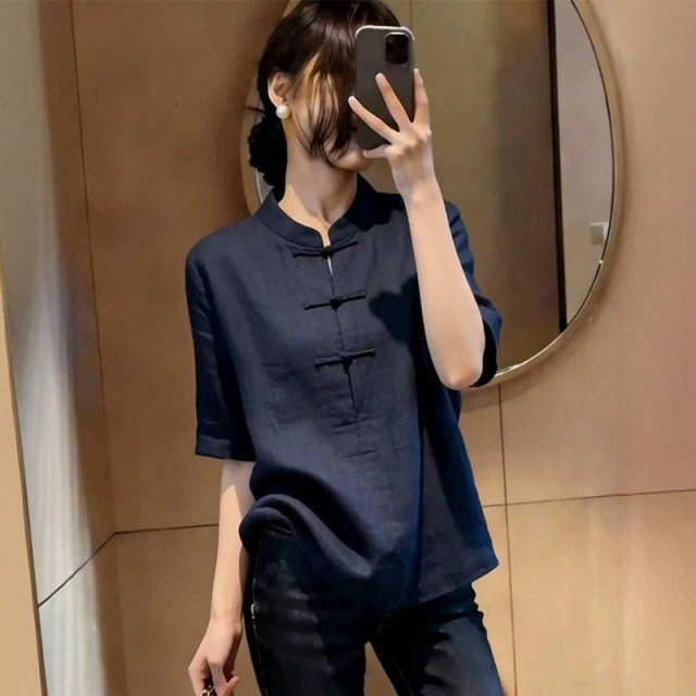 13695951.丹芙娅新中式立领衬衫女短袖2026夏季新款时尚减龄复古国风盘扣衬衣上衣