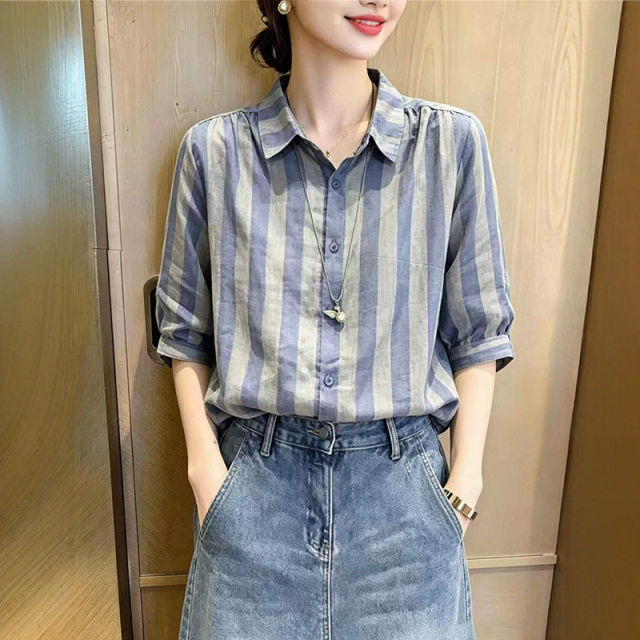 13695952.丹芙娅条纹翻领衬衫女短袖夏季2026新款高级感洋气减龄宽松显瘦衬衣上衣
