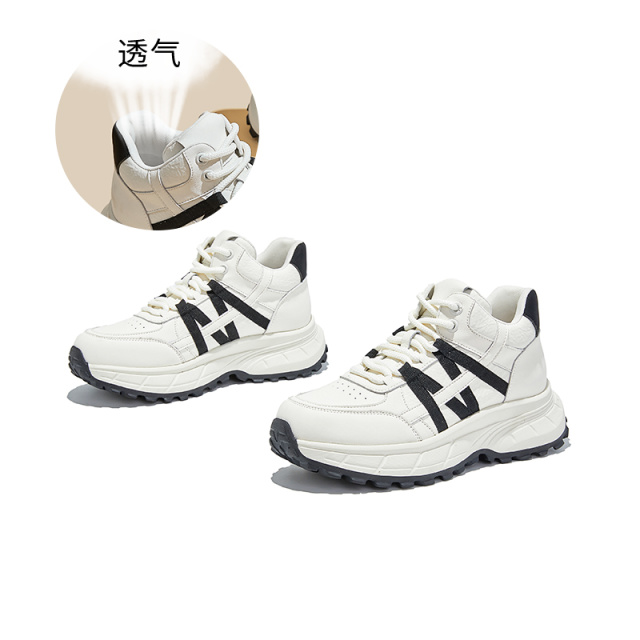 13695533.墨斯本真皮发泡底中帮系带小白鞋女新款简约时尚轻便舒适通勤百搭女式休闲鞋12215