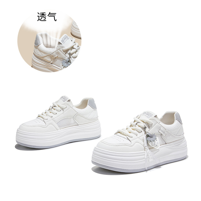 13695549.墨斯本真皮草莓挂饰发泡底小白鞋女新款简约时尚轻便猪皮垫舒适通勤百搭女式休闲鞋12815