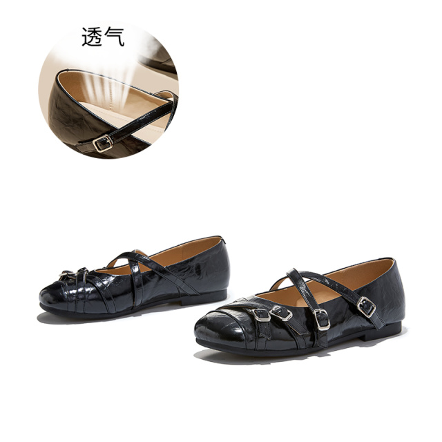 13695539.墨斯本真皮垫撞色交叉搭扣单鞋女新款法式高级透气舒适轻便百搭时装女式单鞋12938