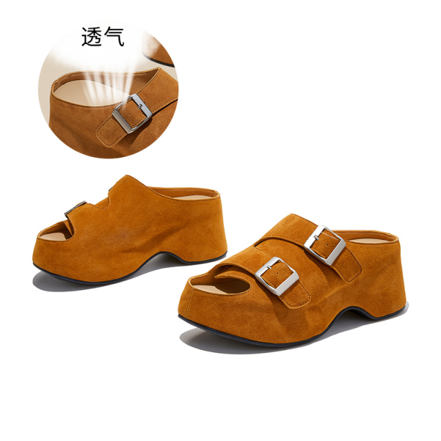 13695528.墨斯本吸膜底双搭扣拖鞋女新款纯色复古露趾透气轻便舒适外穿百搭休闲女式拖鞋12825
