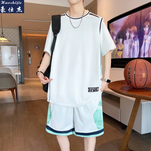 13696184.《休闲时髦》夏季新款篮球服时尚休闲简约运动假两件短袖短裤套装