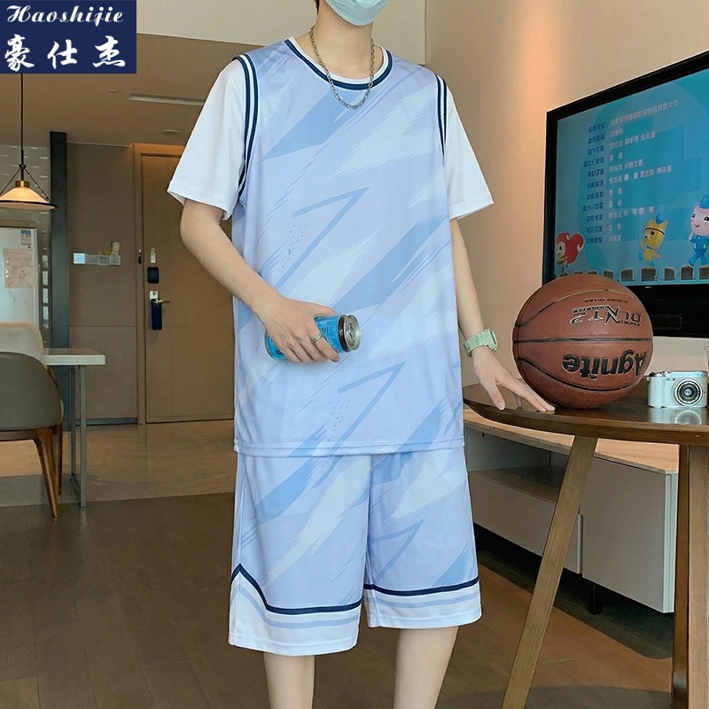 13694189.《休闲舒适》夏季新款假两件篮球服短袖套装男青少年速干比赛运动服