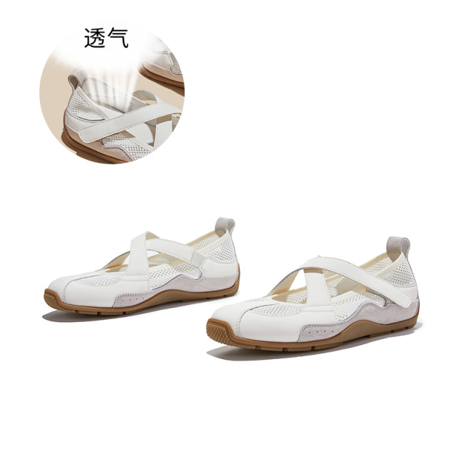 13695531.墨斯本猪皮网面交叉魔术贴芭蕾风德训鞋女新款透气舒适轻便运动百搭女式休闲鞋12910