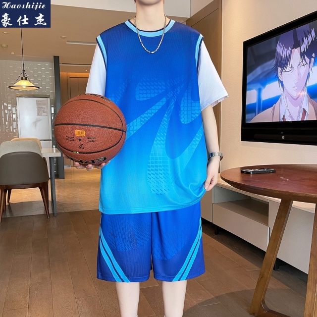 13694186.《舒适透气》夏季新款篮球服休闲运动假两件短袖短裤套装