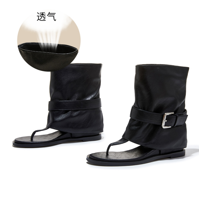 13695530.墨斯本夹趾搭扣中筒凉靴女新款潮流纯色透气轻便舒适百搭休闲时装女式靴12775