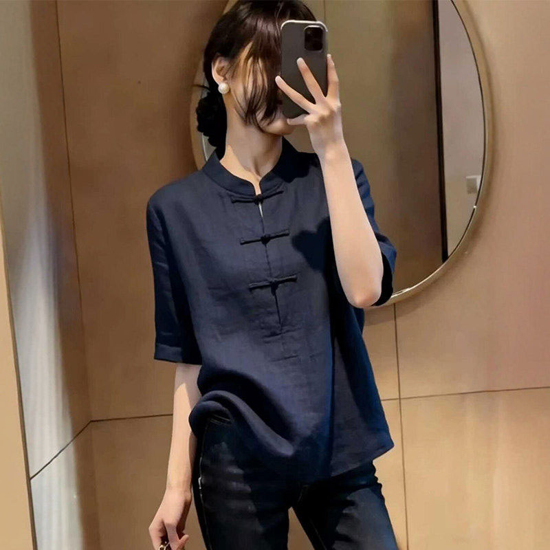 13695951.丹芙娅新中式立领衬衫女短袖2026夏季新款时尚减龄复古国风盘扣衬衣上衣