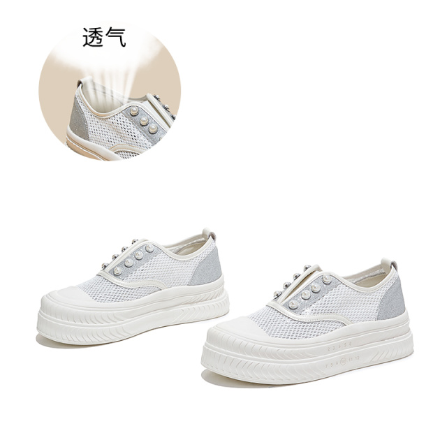 13695548.墨斯本真皮垫厚底一脚蹬板鞋女新款潮流法式网面透气轻便舒适通勤百搭女式休闲鞋12936