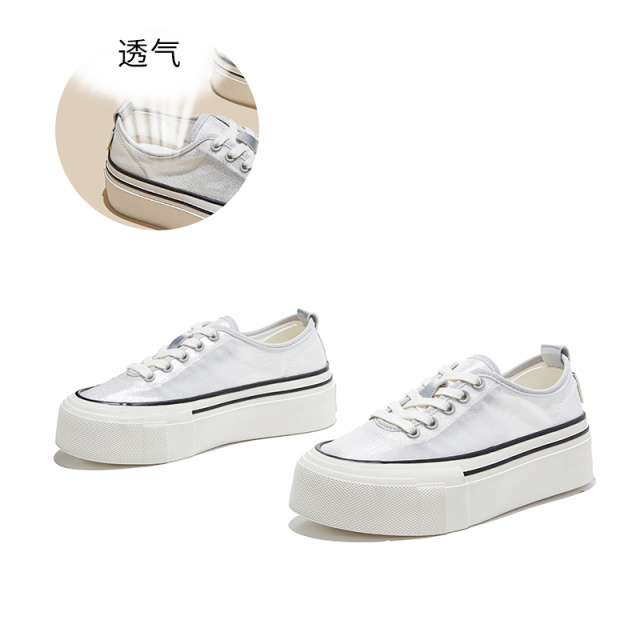 13695545.墨斯本真皮垫网面厚底系带板鞋女新款纯色简约透气舒适轻便通勤百搭女式休闲鞋12912