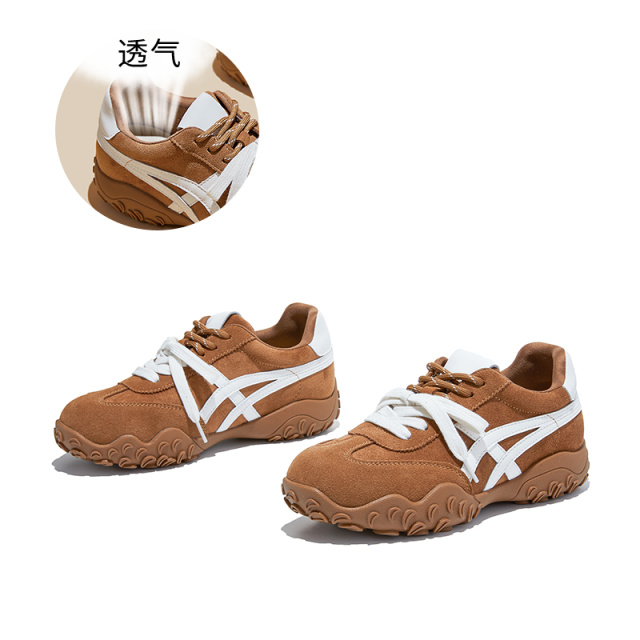 13695524.墨斯本磨砂牛皮真皮垫双鞋带阿甘鞋女新款复古撞色舒适轻便户外运动百搭女式休闲鞋12386